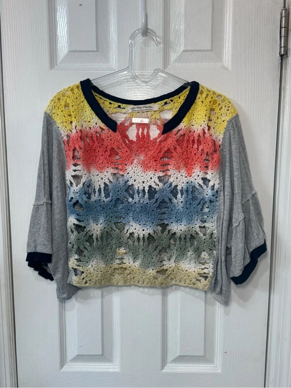 🧶👘🧵 Free People Joshua Tee Crotchet Multicolor Crop Top Open Weave Knit🧵👘🧶